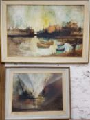 Frank Douglas (1907-1975) Moored boats, signed, oil on board, inscribed verso, 60cm x 90cm;