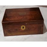 A Regency rosewood rectangular work box, inlaid with brass cartouche and stringing, fitted interior,