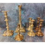 A plated Corinthian column candlestick, stop fluted column, step bae,  37cm high;  a George II style