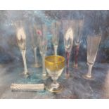 A champagne flutes, engraved and enamelled with butterfly and grasses, air twist stem, 27cm high;