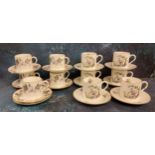 A set of six Royal Worcester Watteau pattern coffee cans and saucers, printed mark;  a set of five