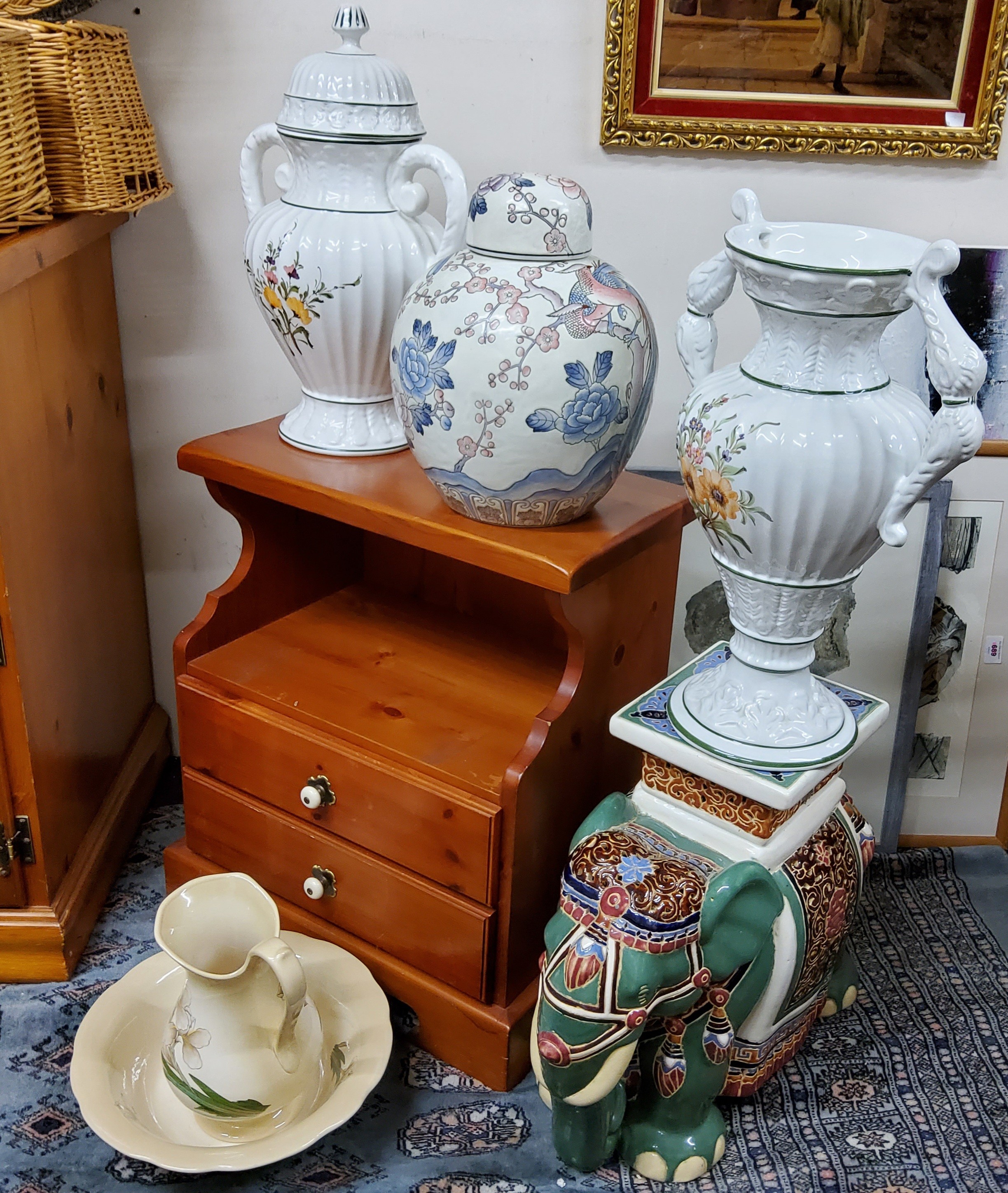 Decorative Ceramics - a modern elephant jardiniere stand;  wash jug and bowl;  ginger jar;  etc