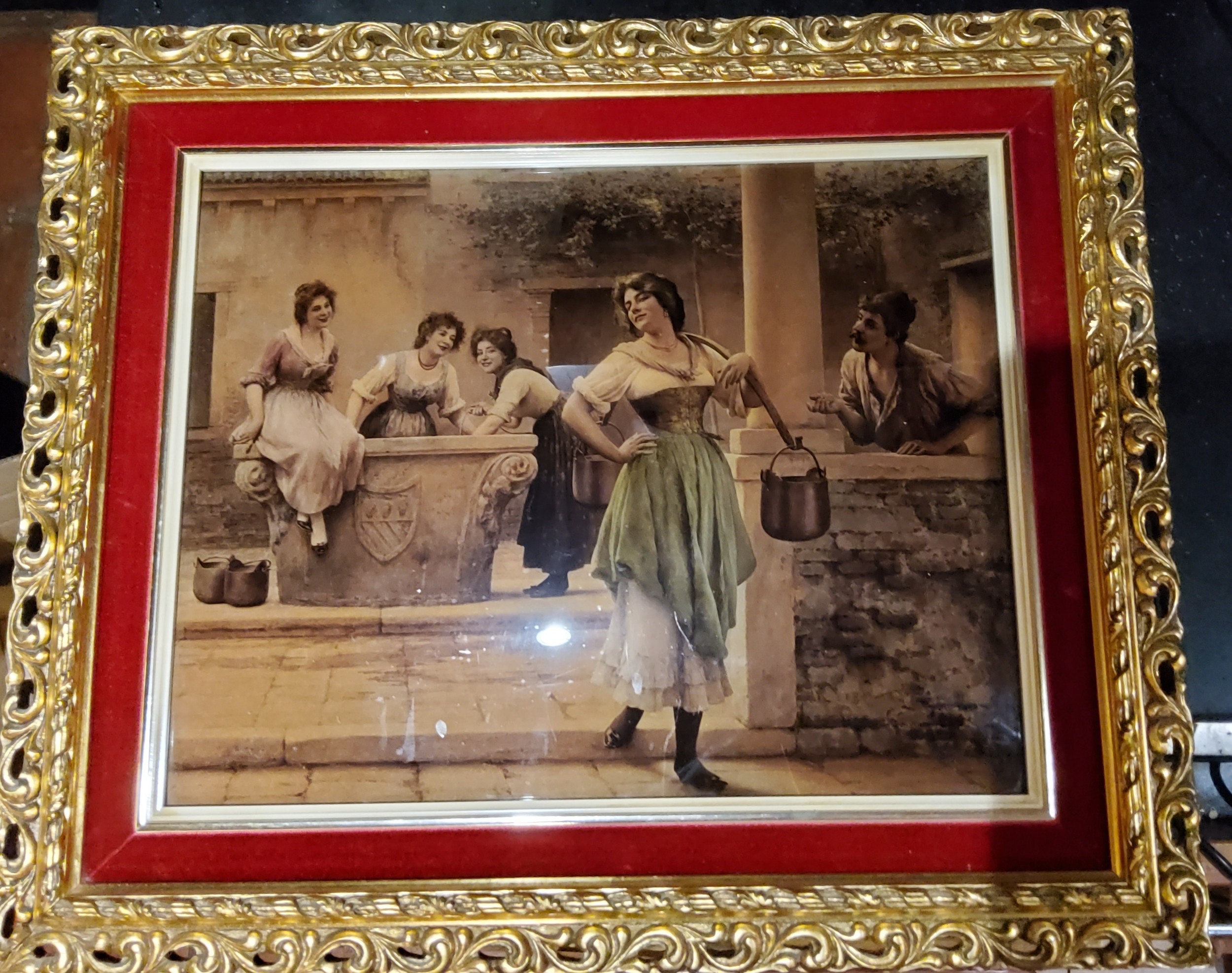 A Victorian crystoleum, ladies at a well, 28cm x 36cm