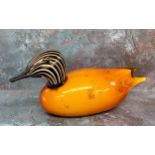 A Murano glass duck, with black and white striped head, mottled orange body, 30cm long, label