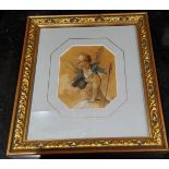 A. Boullemier, 19th century, miniature, Cherub with tophat and cane, watercolour, signed, 10cm x 7cm