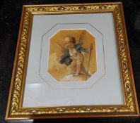 A. Boullemier, 19th century, miniature, Cherub with tophat and cane, watercolour, signed, 10cm x 7cm