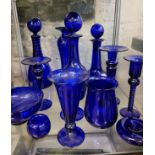 A 20th century Bristol Blue decanter and stopper, 31cm high;  others;  similar vases,