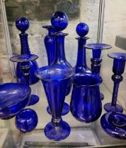 A 20th century Bristol Blue decanter and stopper, 31cm high;  others;  similar vases,