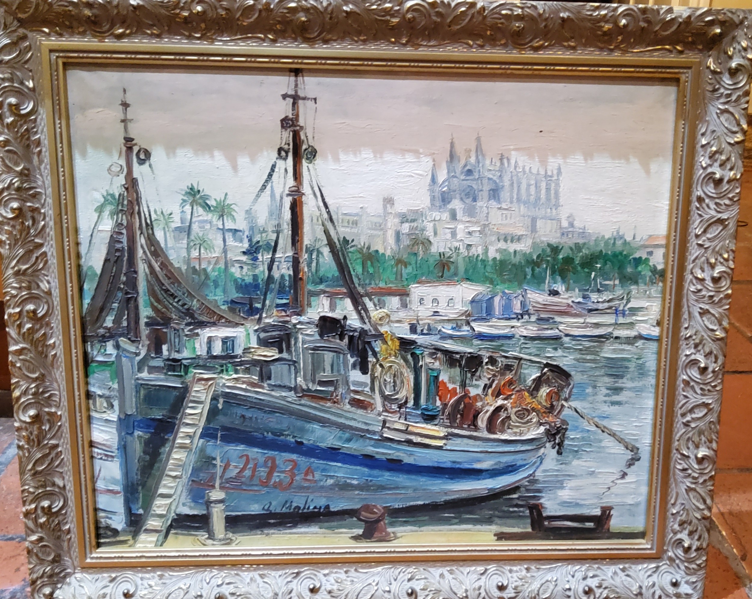 A Malina, Continental Harbour, signed, oil on board, 37cm x 44cm