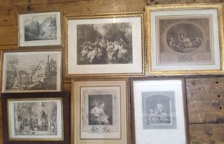 Engravings - Chapel Haddon Hall, Derbyshire, 24cm x 34cm, oak frame;  other engravings, L'