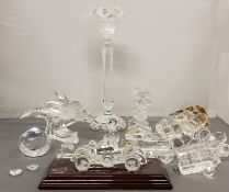 Swarovski - a dolphin;  candlestick;  train;  other glassware similar, Mickey and Minnie Mouse;