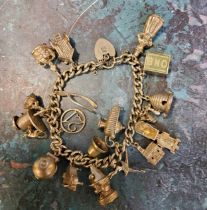 A silver charm bracelet, with padlock, eighteen charms, 72g