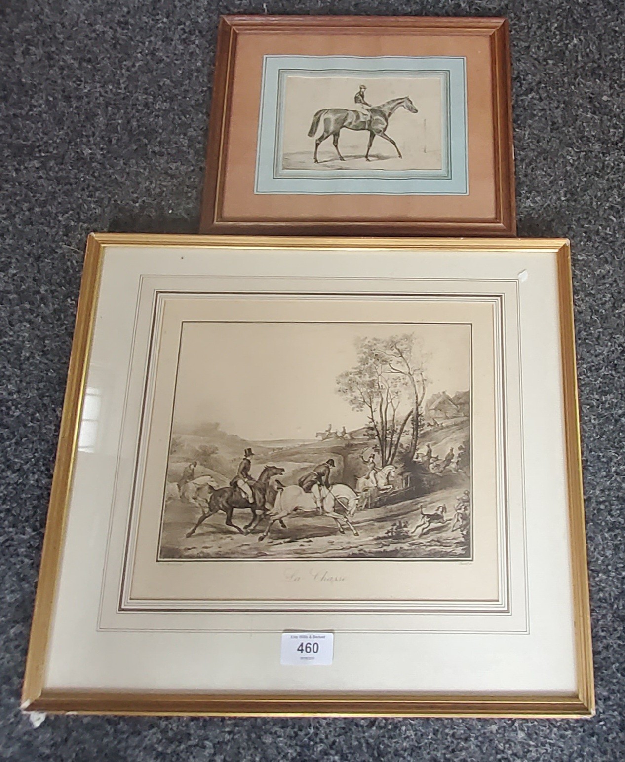 English School, 19th century, Horse and Jockey, pen and ink, 11.5cm x 19.5cm;  another, La Chasse (