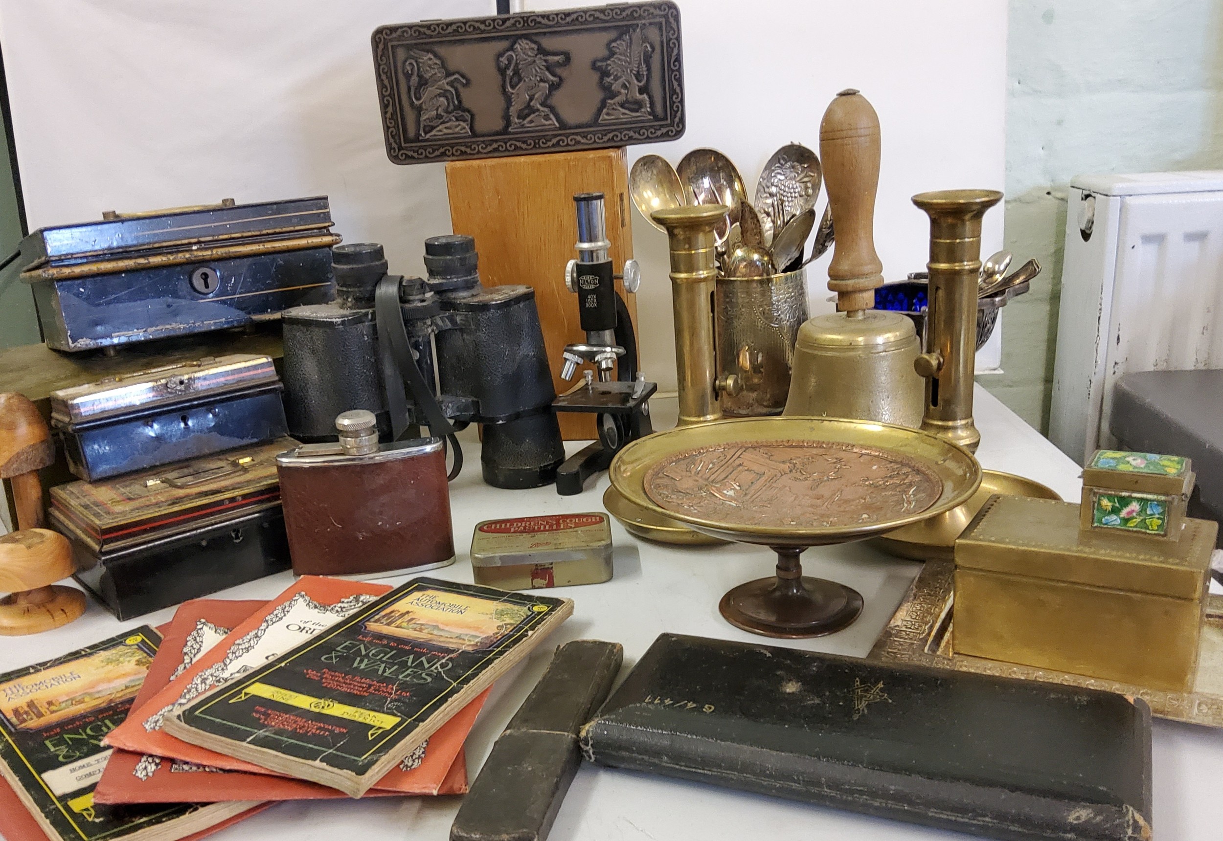 A Hino Milton Tokyo microscope, cased;  Super Zenith 10 x 50 binoculars;  Ordnance Survey maps;