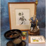 Orientental - a Japanese table lamp;  a wood block printed on a branch, framed;  coasters;  etc