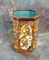 A Japanese cloisonne canted square vase, each panel with cartouches of figures with lanterns, the