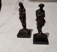 After the Antique, 19th century, a pair of dark patinated bronzes, classical figures, stepped bases,