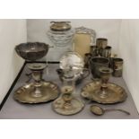 Plated Ware - a pair of Sheffield Plated chambersticks;  another, smaller;  napkin rings, sugar