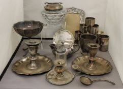 Plated Ware - a pair of Sheffield Plated chambersticks;  another, smaller;  napkin rings, sugar