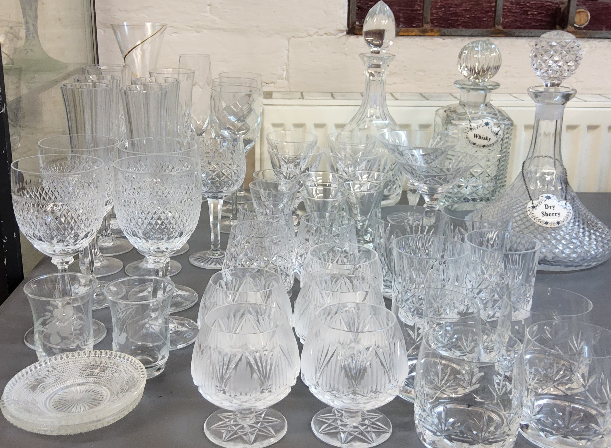 Glassware - a ships decanter and stopper;  others;  wine, champagne,  brandy, whisky and sherry