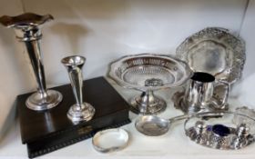 A silver hinged bangle;  plated ware - cake stand;  spill vases;  fish knives and forks;   etc