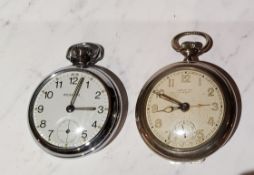 A chrome plated Mentor alarm pocket watch, Arabic numerals;  a Ingersol pocket watch (2)