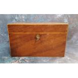 A 19th century rectangular mahogany tea caddy, satinwood strung, the interior with a detachable