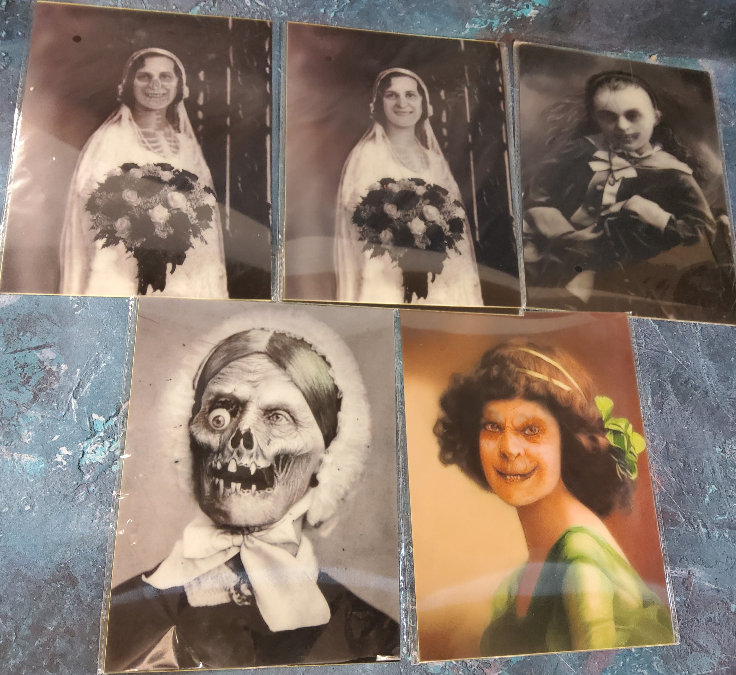 Six Victorian style Halloween images, each in black and white, the image changing from beauty to