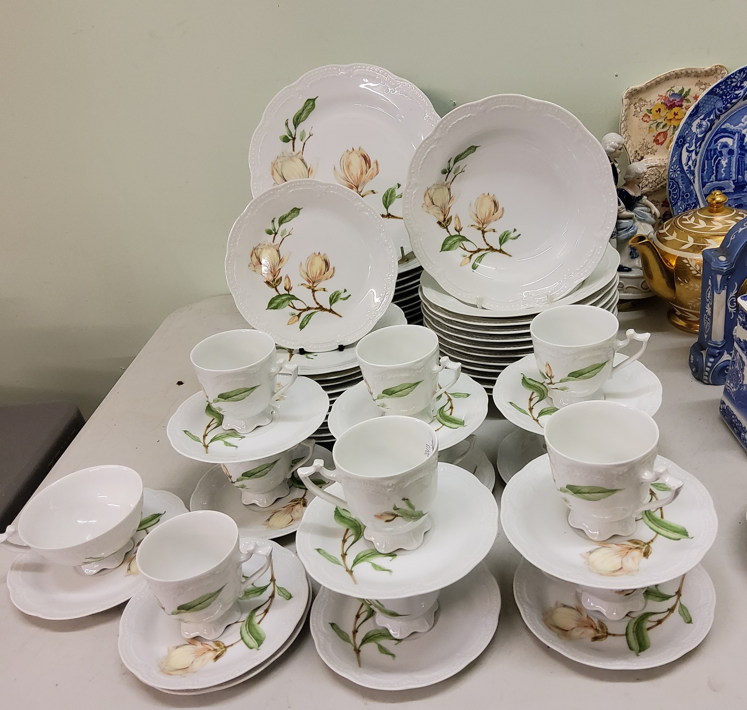 A German Hutschenreuther Victoria dinner and tea service, for twelve, each printed with magnolia