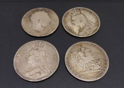 Two George III 'bull head' crowns and two Queen Victoria jubilee crowns (4)