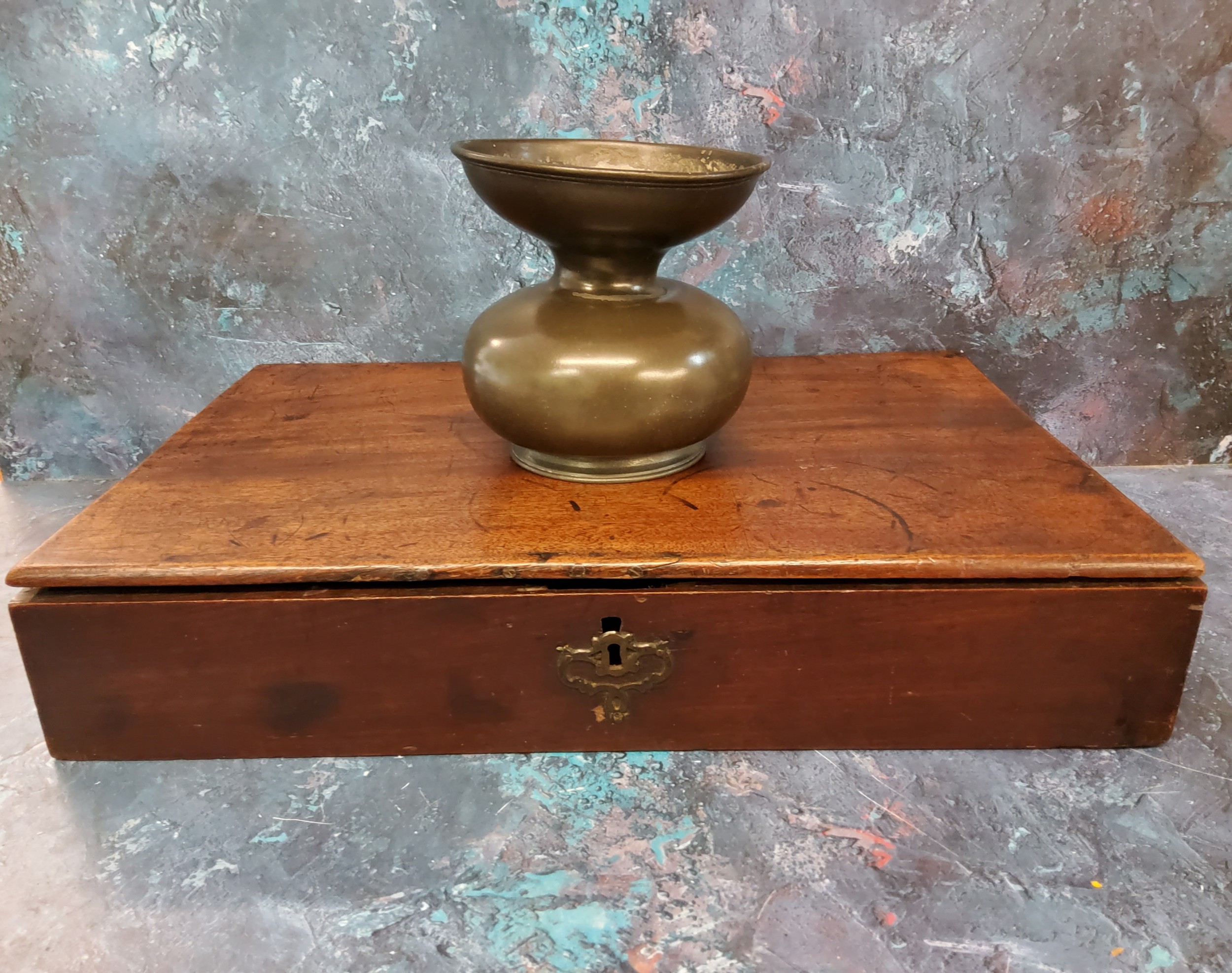 A pewter spitoon, 14.5cm diam, 14cm high, c.1900;  an early 19th century mahogany work box, quite