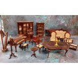 Dolls House Drawing/Music Room Furniture - spinnet, harp, violin, side cabinet, chairs, etc