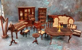 Dolls House Drawing/Music Room Furniture - spinnet, harp, violin, side cabinet, chairs, etc