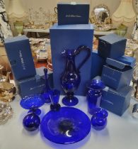 Various pieces of Bristol blue glass, including a ewer, vases, shallow dish, etc, boxed  (VAT on