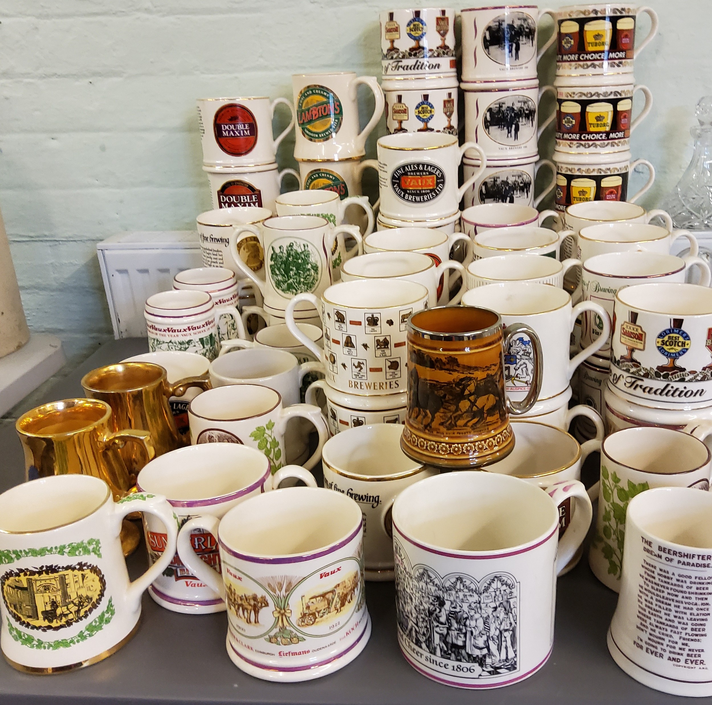 Brewanaia - Wade mugs, each advertising ale, Double Maxim, Lambtons, Vaux;  others Seton,