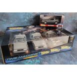 A Welly Back to the Future Time Machine Trilogy pack 1:24 scale, comprising of Doloreans from Back