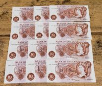 An envelope of twelve consecutive J.S. Fforde ten shilling notes, uncirculated condition, Bank of