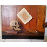 A** Fremont, Still Life, Skull, Artist Pallet and Book, signed, oil on canvas, 50cm x 60cm, unframed