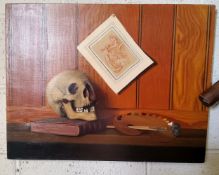 A** Fremont, Still Life, Skull, Artist Pallet and Book, signed, oil on canvas, 50cm x 60cm, unframed