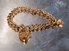 A Victorian 9ct rose gold hollow curb charm bracelet, each link stamped 9ct, a 9ct rose gold heart