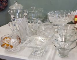 Glassware - heavy cut glass pedestal bowls;  cake stands; decanters;  etc