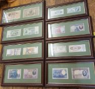 A two  Banco de Espana 50 Pesetas notes, framed;  others, 5, 10, 25, 50;  a pair CTO Jieba 100