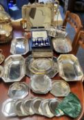 An Asprey silverplate gallery tray; boxed Mappin & Webb assay office spoon set; cruet stand; gilt