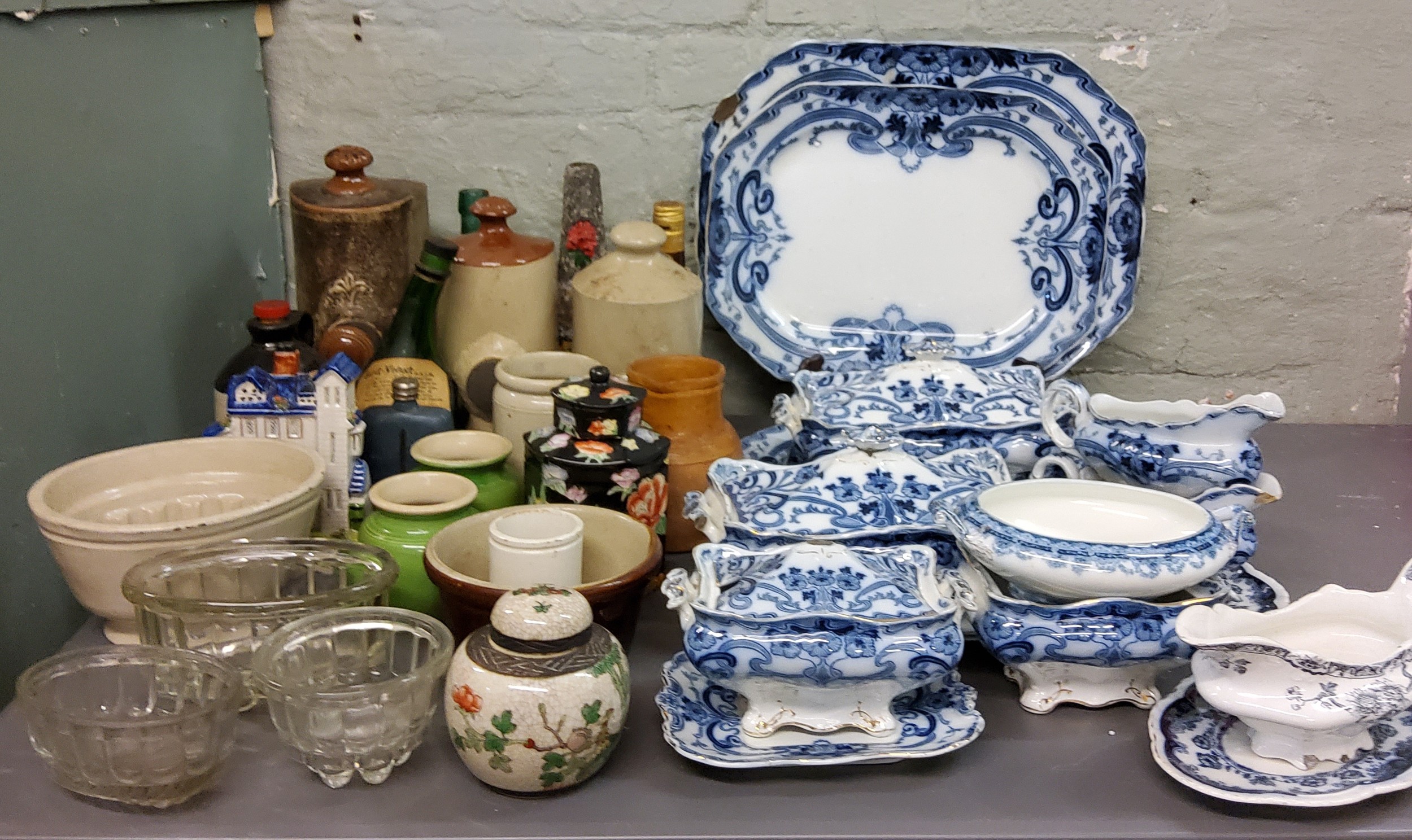 Victorian Flow Blue dinner ware; stoneware hot water bottles;  jelly moulds;  Staffordshire flat