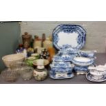 Victorian Flow Blue dinner ware; stoneware hot water bottles;  jelly moulds;  Staffordshire flat