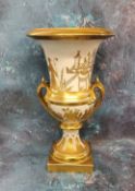 A large Meissen two handled campana shaped vase, decorated in gilt with chinoserie scene, 38cm high,