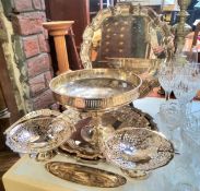 A graduated set of silverplate gallery trays; a raised pedestal bowl, trinket trays, etc qty (VAT on