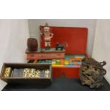 Tri-ang coloured blocks, c.1930;  bone dominos; early 20th century cast iron Tally Ho money box;