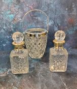A pair of square liqueur decanters, globular stoppers, 15cm high,  James Dixon & Sons, Birmingham,