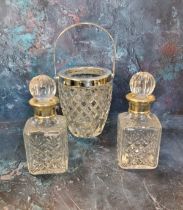 A pair of square liqueur decanters, globular stoppers, 15cm high,  James Dixon & Sons, Birmingham,